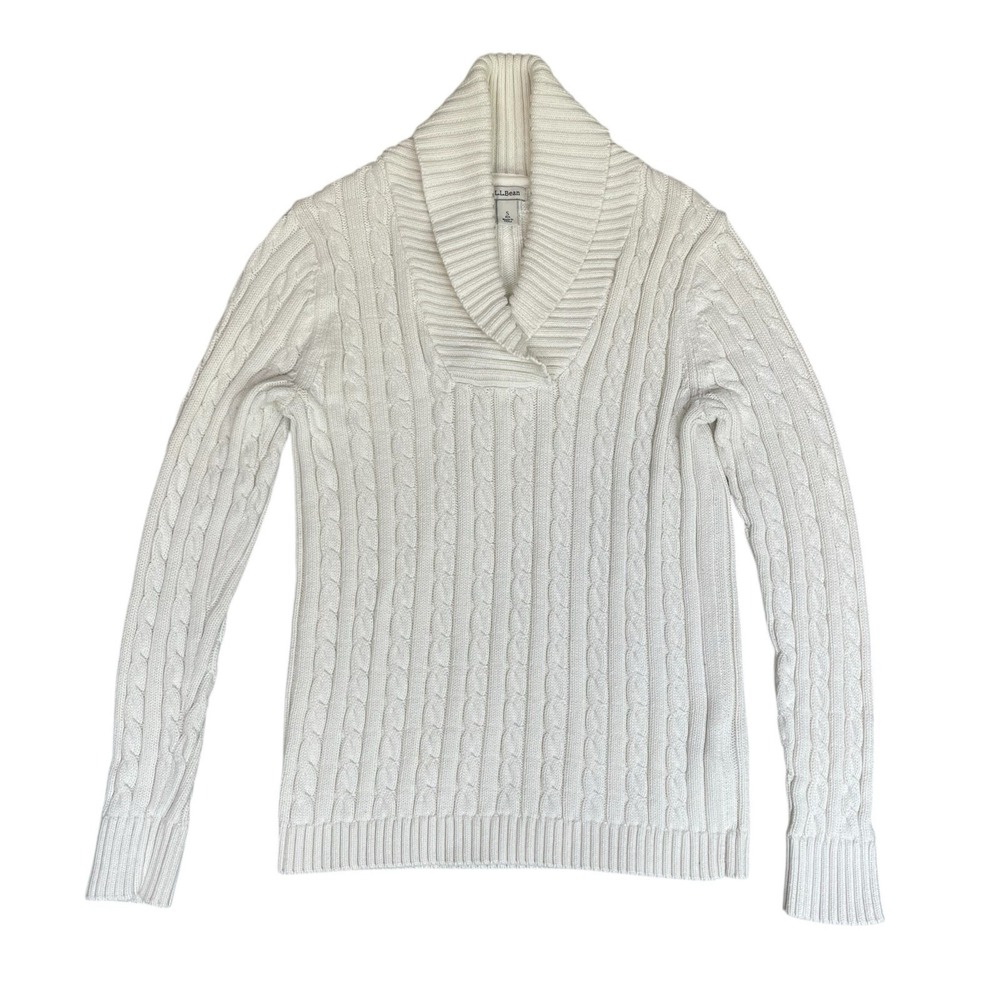 LL Bean Sweater Womens S White Fisherman Cable Knit Cotton